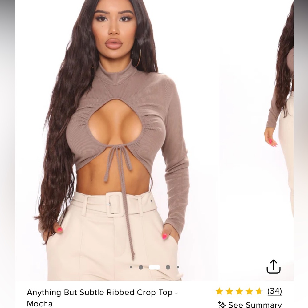 Fashion Nova Ribbed Long Sleeve Crop Top with Front Ruched Keyhole - Taupe